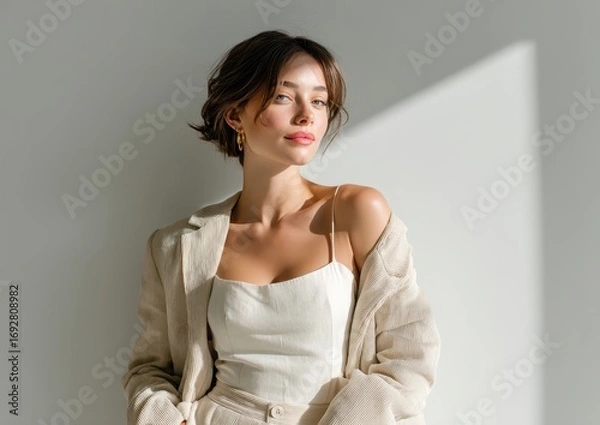 Obraz A young female model poses elegantly in high-fashion designer attire, radiating sophistication and style in a minimalist studio setting focused on beauty and apparel.