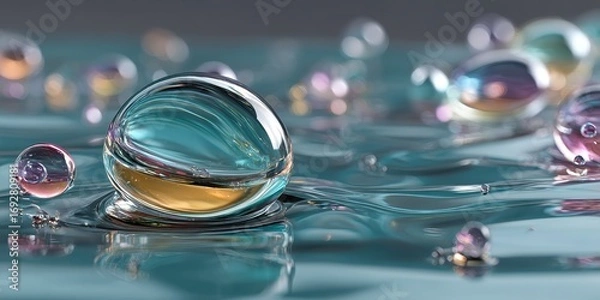 Obraz Transparent liquid bubble with suspended molecule structure inside, floating on a reflective water surface background in 3D rendering.