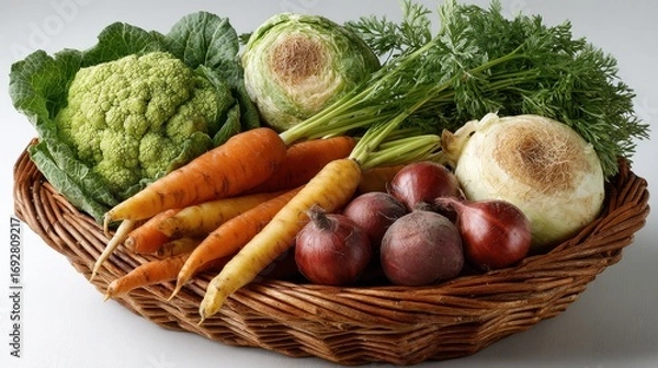 Obraz A wicker basket filled with raw vegetables like carrots, cucumbers, and lettuce, isolated on white. Represents organic harvest and farm-fresh lifestyle.