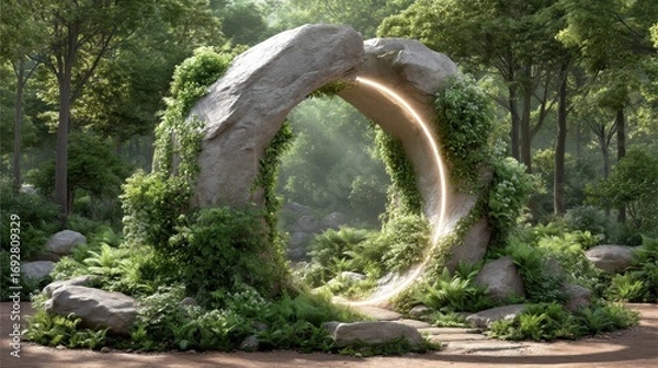 Obraz A fantasy stone portal covered in vines and glowing with mystical energy, opening into another dimension in a magical forest world.