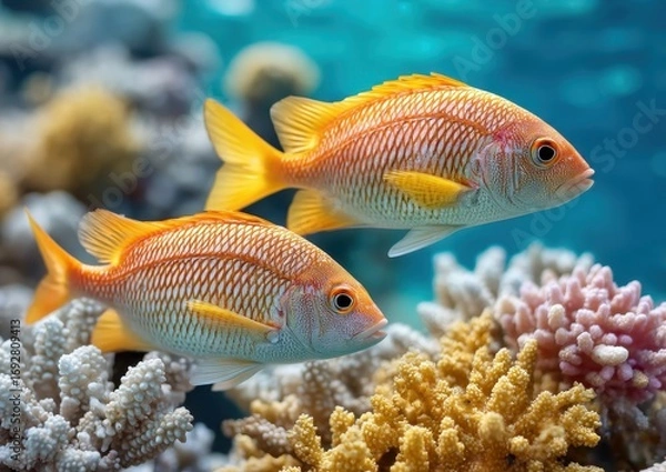 Obraz An underwater close-up scene filled with colorful marine life and coral, depicting a lively ocean environment ideal for fishing enthusiasts and nature lovers.