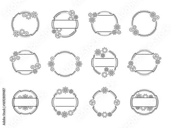 Fototapeta Outline round frames with different gears and cogwheels. Black elements, isolated on a white background. Mechanism. Steampunk. Vector big set for greeting card, decoration, banner, poster and signage
