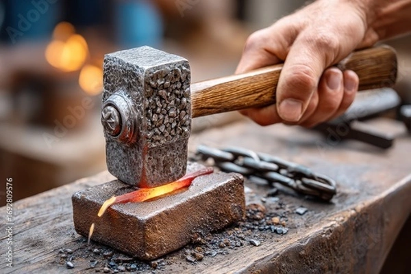 Obraz A blacksmith hammers red-hot metal on an anvil inside a forge, showcasing strength, tradition, and manual craftsmanship.