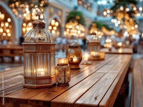 Obraz Wooden table with bokeh effect background featuring ornate lamps and pointed arches, symbolizing Islamic architecture and festive evening gatherings.
