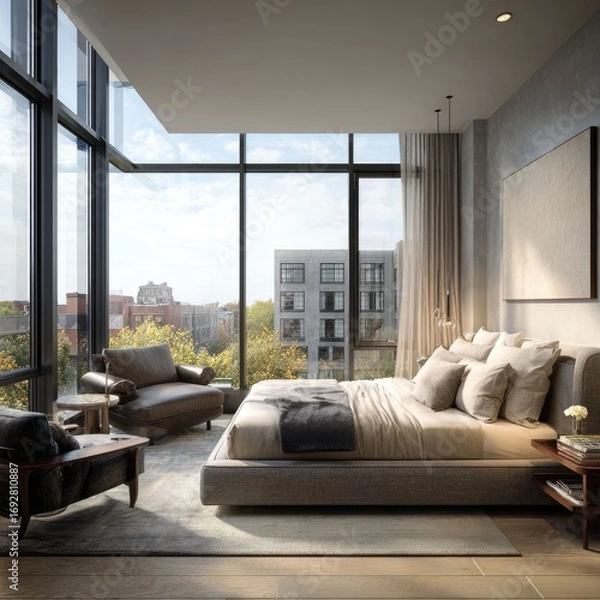 Fototapeta Condo bedroom with floor-to-ceiling windows and soft lighting