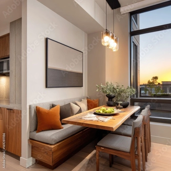 Fototapeta Condo dining area with built-in bench and warm lighting