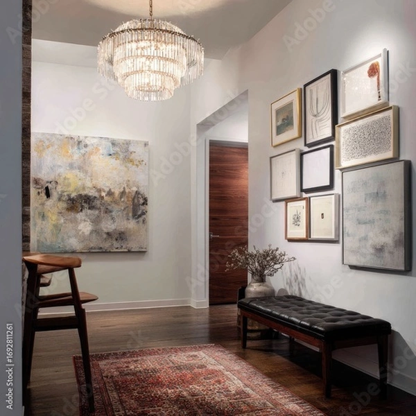 Fototapeta Condo foyer with statement lighting and gallery wall