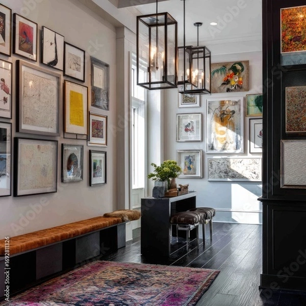 Fototapeta Condo foyer with statement lighting and gallery wall