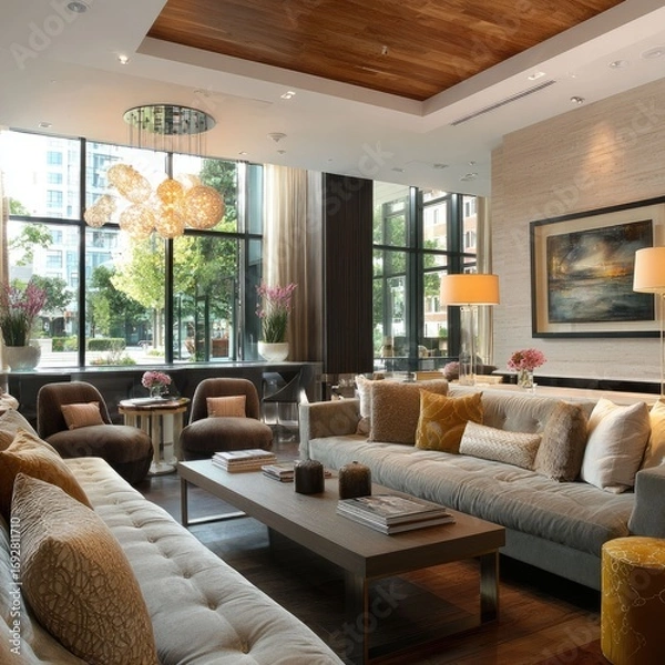 Fototapeta Condo lounge with plush seating and statement lighting
