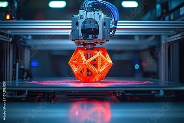 Fototapeta 3D printer creating an orange geometric object