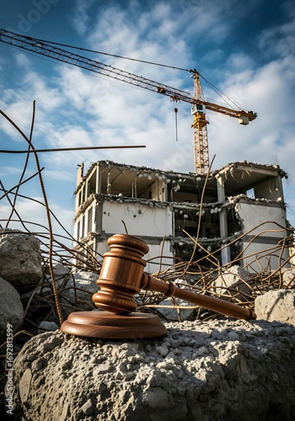 Fototapeta Gavel on rubble with demolition crane and building
