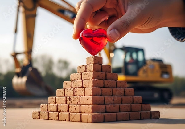 Fototapeta Hand Placing Red Heart on Brick Pyramid with Excavator Background