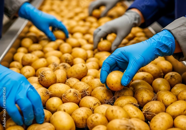 Fototapeta Hands in Blue Gloves Sorting Fresh Potatoes in a Tray