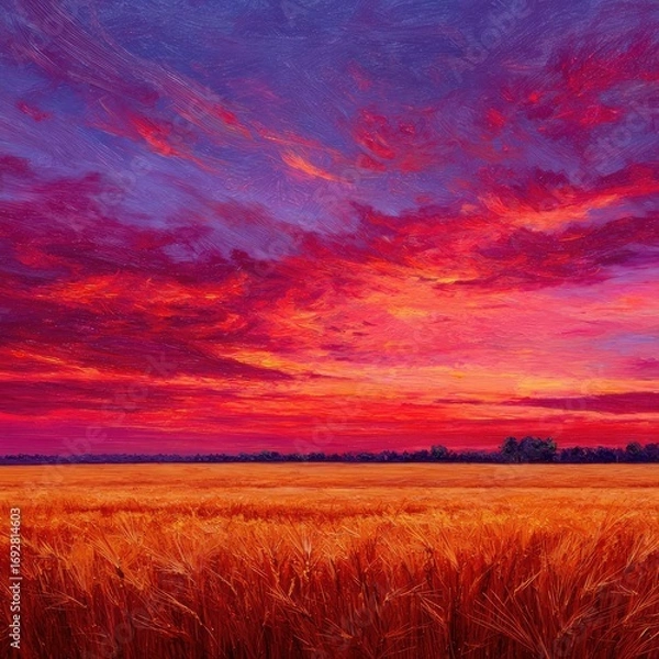 Fototapeta Crimson and magenta sky over a wheat field at dusk