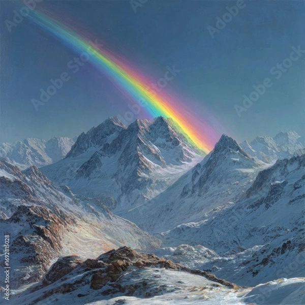 Fototapeta Crystal-clear rainbow spanning a snowy mountain range