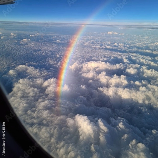 Fototapeta Delicate rainbow seen from an airplane window above clouds