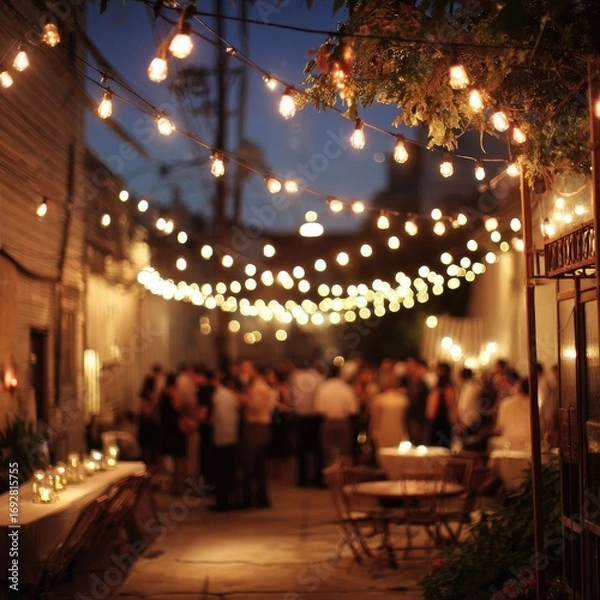 Fototapeta Delicate string lights twinkling at an outdoor party