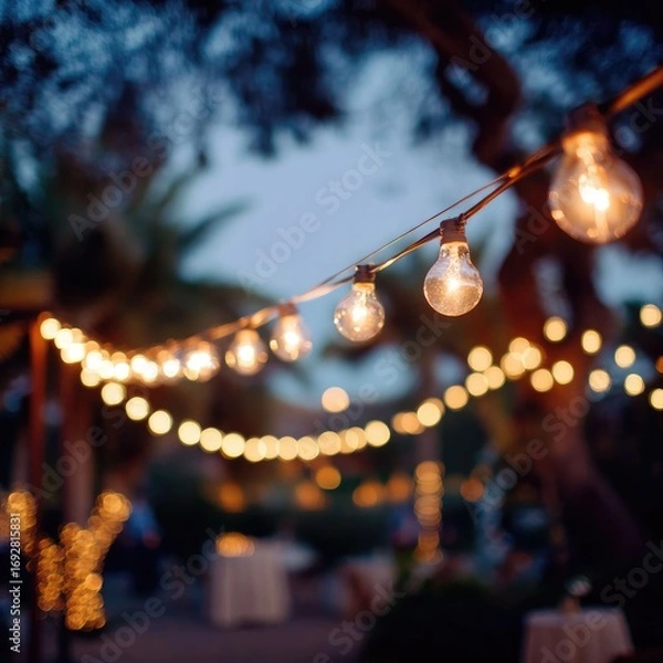 Fototapeta Delicate string lights twinkling at an outdoor party