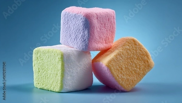 Fototapeta Close-up of colorful marshmallows on blue background, pile of pastel candy sugar cubes in soft focus, sweet dessert concept