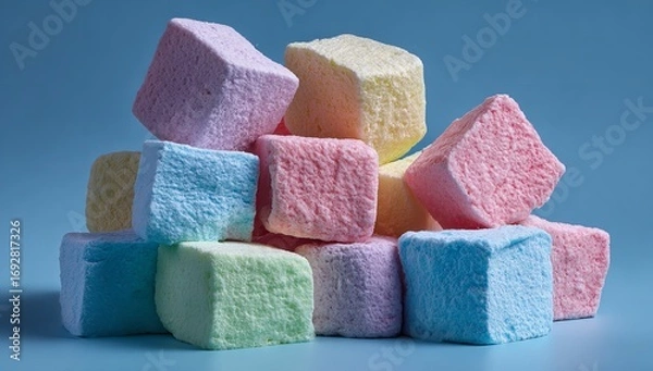 Fototapeta Close-up of colorful marshmallows on blue background, pile of pastel candy sugar cubes in soft focus, sweet dessert concept