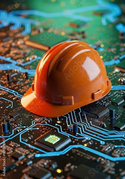 Fototapeta Orange Hard Hat Resting On Circuit Board With Blue Lights