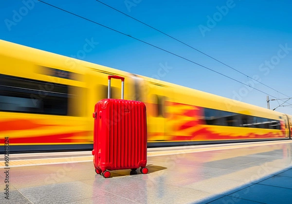 Fototapeta Red Suitcase on Train Platform with Fast Train luggage