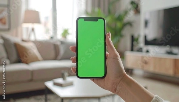 Fototapeta A hand holding a smartphone with a green screen, indoors