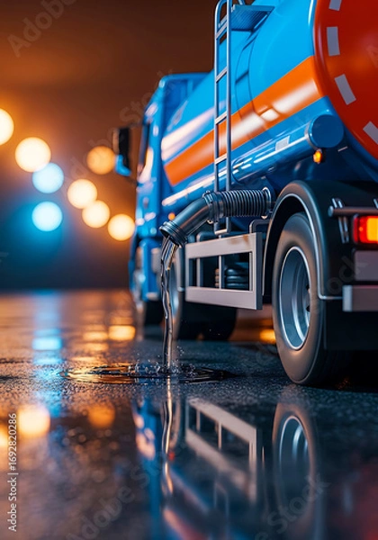 Fototapeta Tanker Truck Unloading Liquid onto Wet Pavement Keywords: tanker truck, liquid, unloading