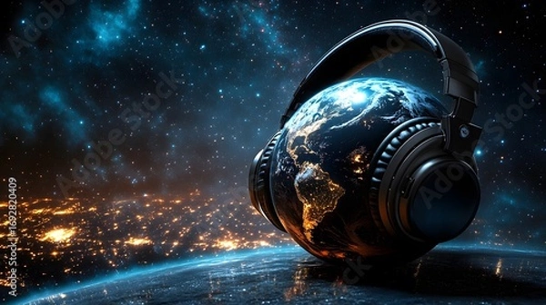 Fototapeta Globe wearing headphones symbolizes the connection between music and the world