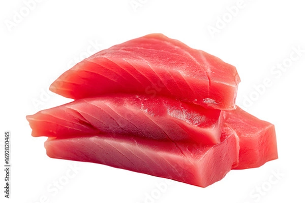 Fototapeta Fresh red tuna slices ready for culinary use isolated on white background