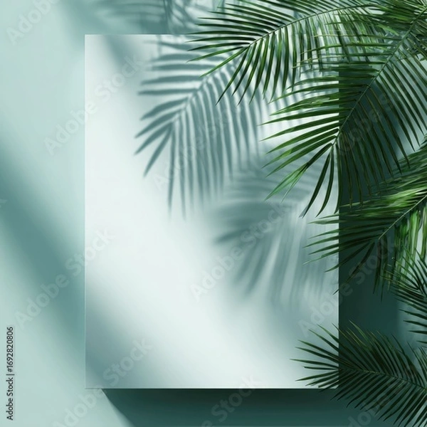 Fototapeta Diagonal palm leaf shadow across blank backdrop for poster design
