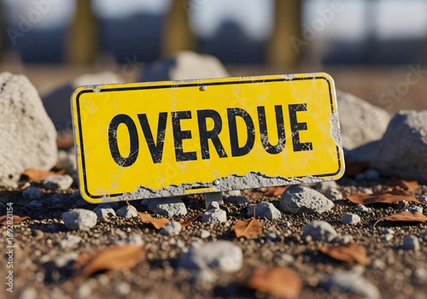 Fototapeta Yellow overdue sign on a rocky ground Keywords: overdue, sign, yellow, text, letters, black