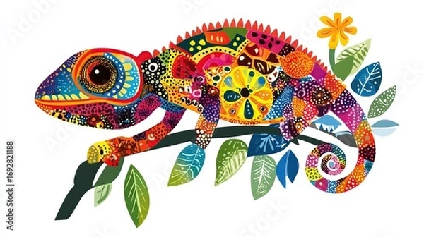 Fototapeta Cartoon chameleon with bright and vibrant colors on a tree branch on a white background