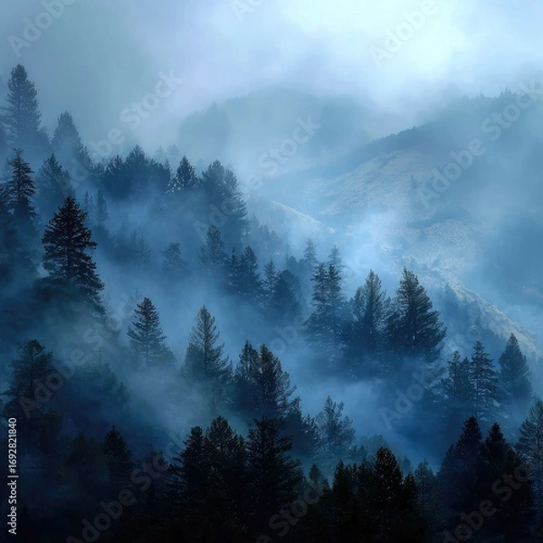 Fototapeta Diffused light in a foggy mountain morning