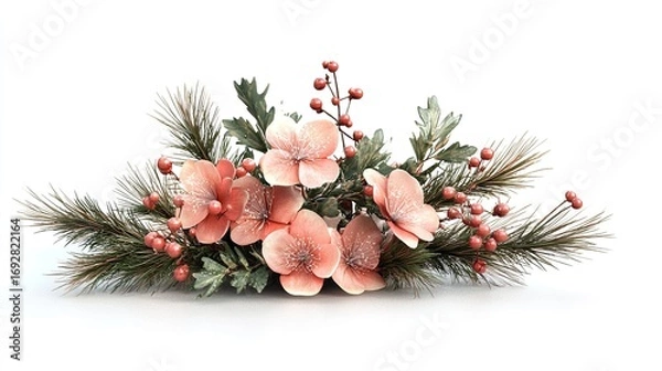 Fototapeta Christmas wreath with vibrant cherry blossoms and fir tree branches on a white background