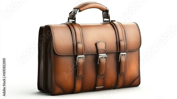 Fototapeta Dark brown and vintage leather suitcase with handle isolated on white background