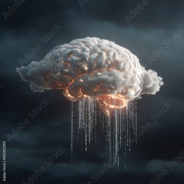 Fototapeta Digital brain download concept with cloud and binary code
