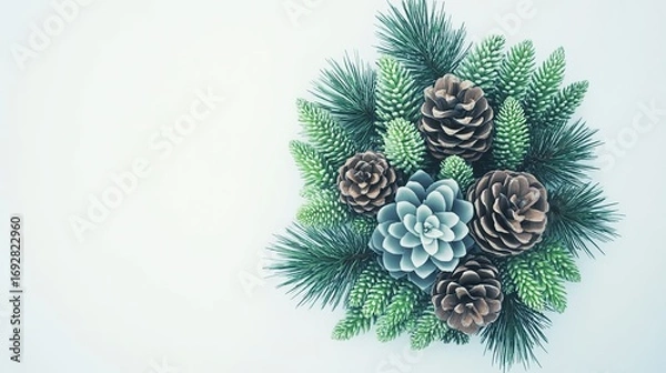 Fototapeta A close-up of a festive Christmas tree branch shows green pine needles and a single brown pine cone, perfectly decorated for the holiday season