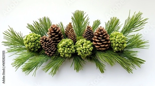 Fototapeta Isolated on a white background, a brown pine cone rests on a green pine branch