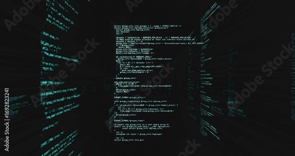 Obraz Floating vertical code panel streaming through dark void, with text lines and data planes