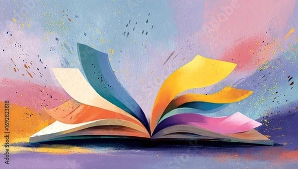 Fototapeta Open book with vibrant pages against a colorful background