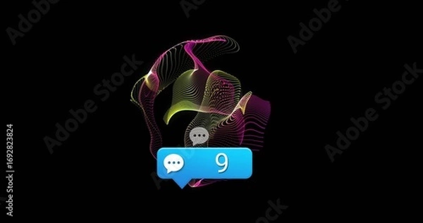 Fototapeta Floating blue chat bubble glowing above multicolored neon wave in dark UI, with dotted curves
