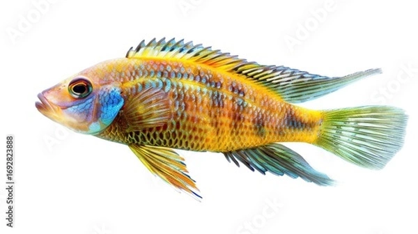 Fototapeta Colorful tropical aquarium fish with gold glitter and blue patterns isolated on white background