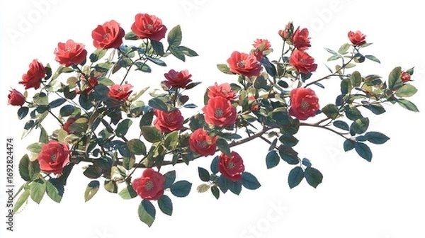 Fototapeta Blooming red rose bush with lush branches on a white background