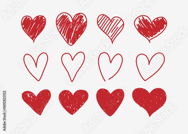 Fototapeta Hand-Drawn Red Hearts in Various Artistic Styles on a White Background