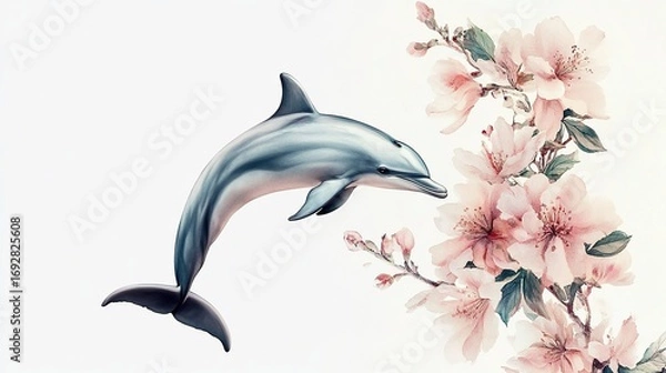 Fototapeta Dynamic dolphin pose with realistic curved body and blooming pink flowers on white background