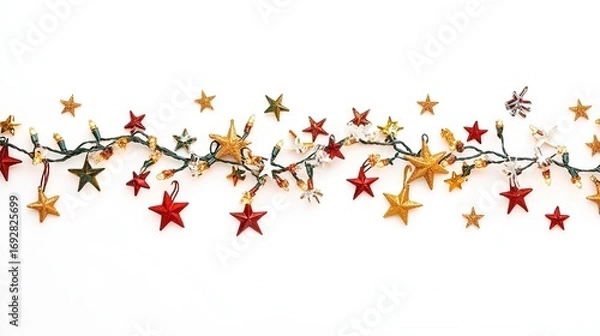 Fototapeta Horizontal border of colorful Christmas lights isolated on white background