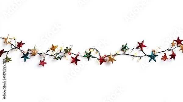 Fototapeta Horizontal border of colorful Christmas lights isolated on white background