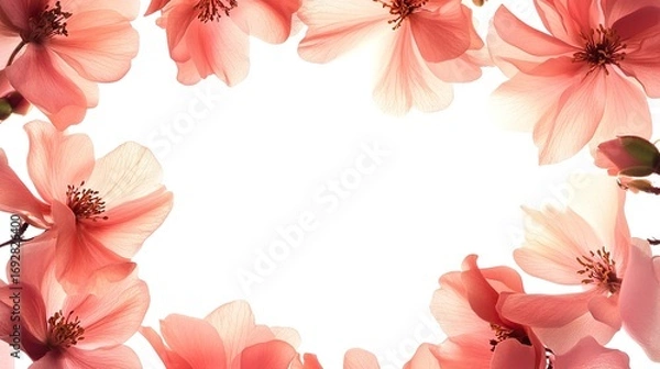 Fototapeta Pink rose flower border design forming a frame on a white background