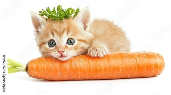 Fototapeta Cute fluffy white kitten hugging a carrot